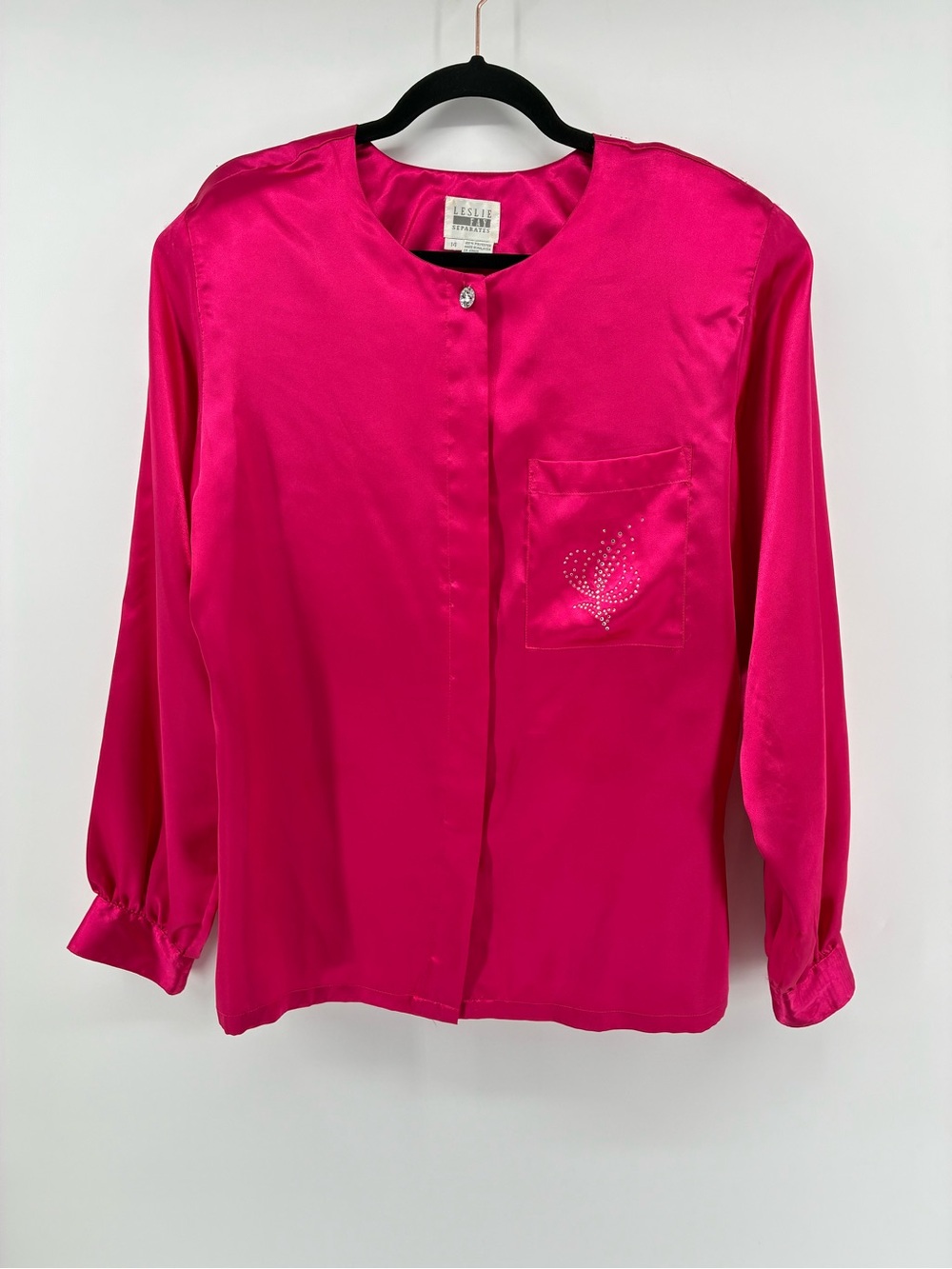 Vintage Satin Button-Down Blouse in Hot Pink with Pocket Detail